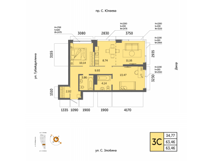 Планировка 3-комн. · 63.5 м²