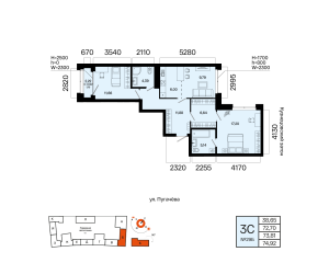 Планировка 3-комнатные 73,8 м²