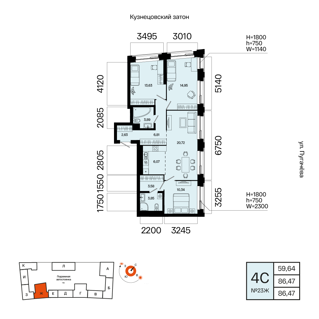 Планировка 4-комнатная квартира 86,5 м² в ЖК «Первый Остров», 6 этаж — 11 630 200 ₽