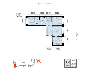 Планировка 3-комнатные 65,3 м²