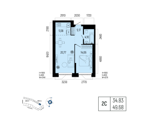 Планировка 2-комнатные 49,7 м²