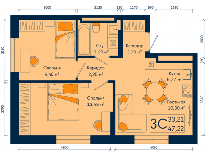 Планировка 3-комн. · 47.2 м²