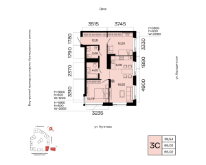 Планировка 3-комнатные 65 м²