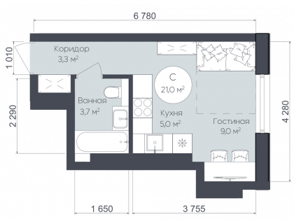 Планировка Студия · 21 м²