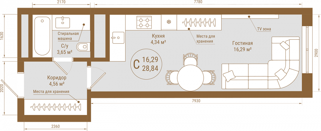 Планировка: Студия, 28.8 м²