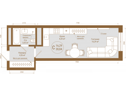 Планировка Студия · 28.8 м²