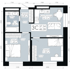 Планировка: 3-комн. квартира, 46.3 м²