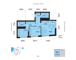 Планировка 3-комнатные 67,7 м²