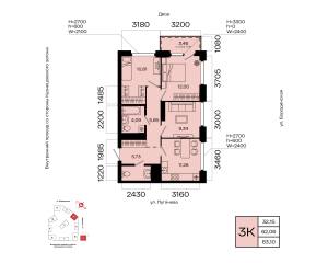 Планировка 3-комнатные 63,1 м²