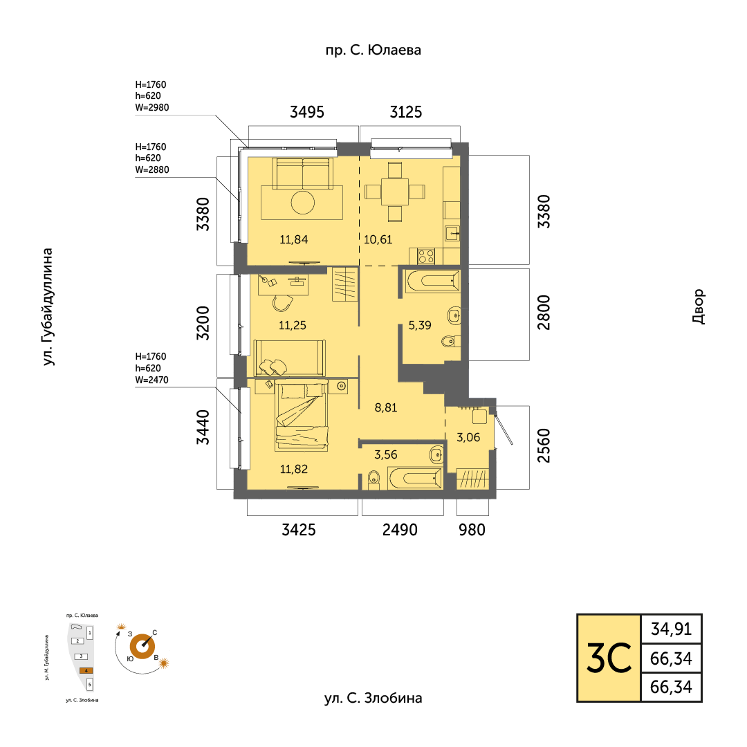 Планировка 3-комнатная квартира 66,3 м² в ЖК «Урбаника», 9 этаж — 14 103 400 ₽