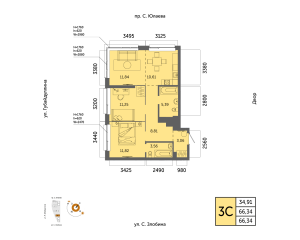 Планировка 3-комнатные 66,3 м²