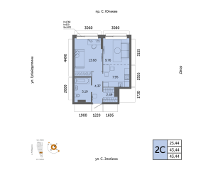 Планировка 2-комнатные 43,4 м²