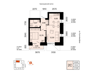 Планировка 2-комнатные 38 м²