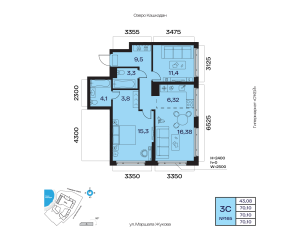 Планировка 3-комнатные 70,1 м²