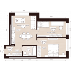 Планировка: 3-комн. квартира, 57.1 м²