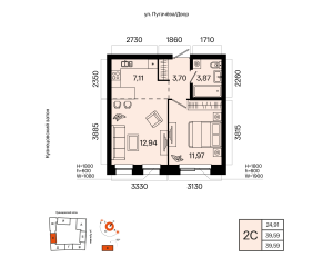 Планировка 2-комнатные 39,6 м²