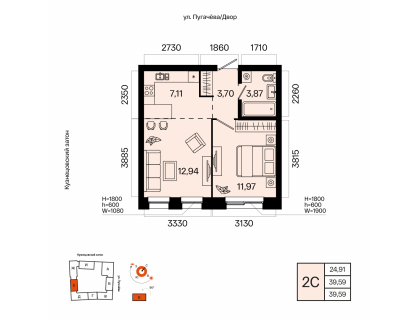 Планировка 2-комн. · 39.6 м²