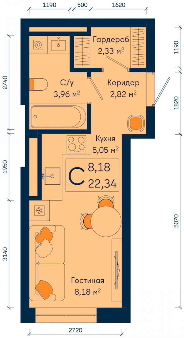 Планировка: Студия, 22.3 м²
