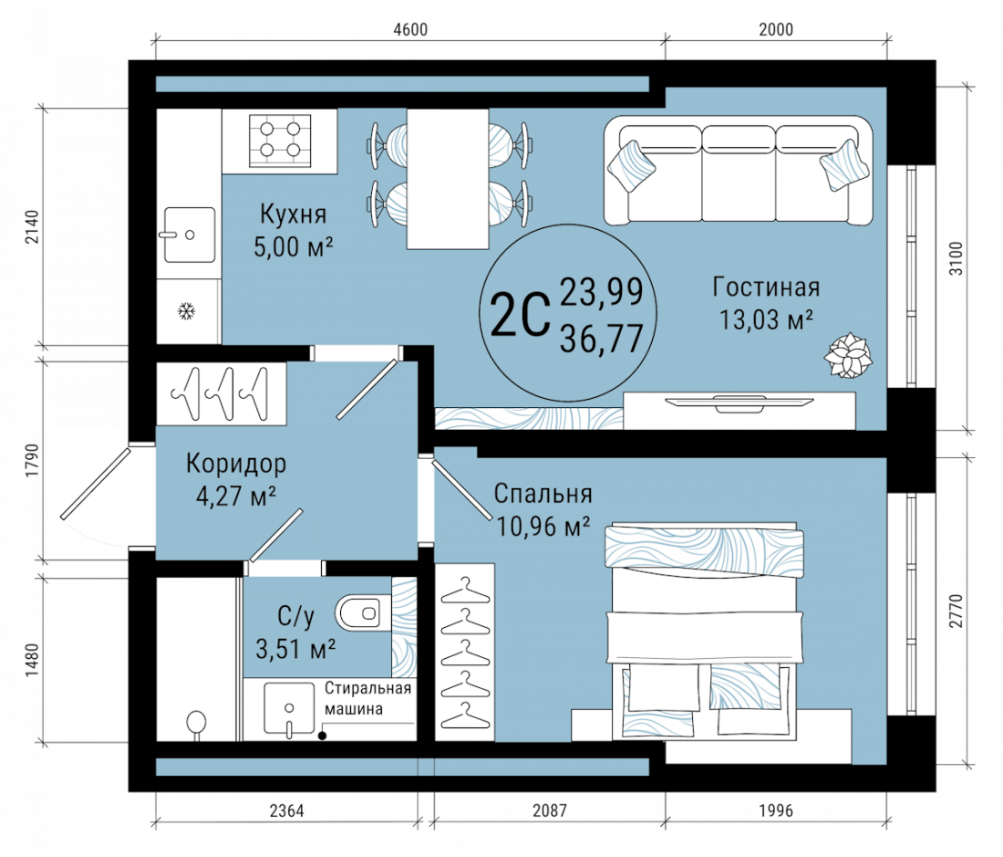 Планировка: 2-комн. квартира, 36.8 м²