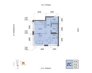 Планировка 2-комнатные 43,9 м²