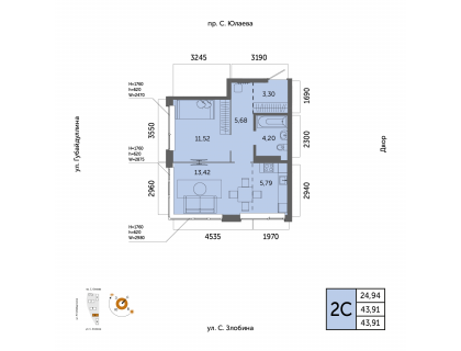 Планировка 2-комн. · 43.9 м²
