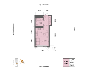 Планировка 1-комнатные 24,6 м²