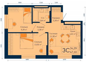 3-комн. · 47.1 м²