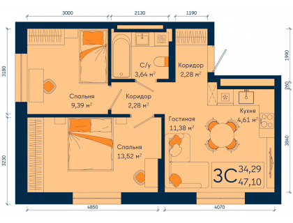 Планировка 3-комн. · 47.1 м²