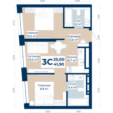 Планировка: 3-комн. квартира, 41.9 м²