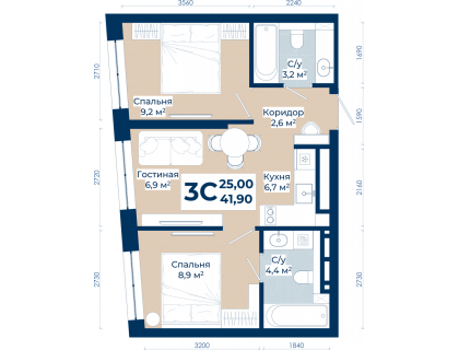 Планировка 3-комн. · 41.9 м²