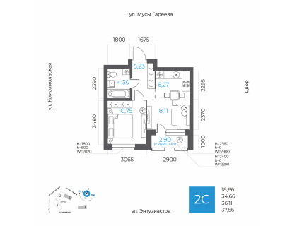 Планировка 2-комн. · 36.1 м²