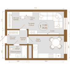 Планировка: 1-комн. квартира, 36.7 м²