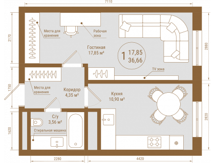 Планировка 1-комн. · 36.7 м²