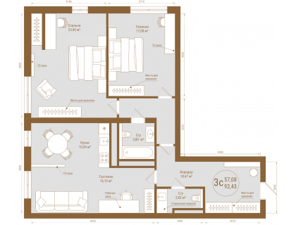Планировка 3-комн. · 92.4 м²