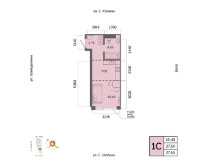 Планировка 1-комнатные 27,3 м²