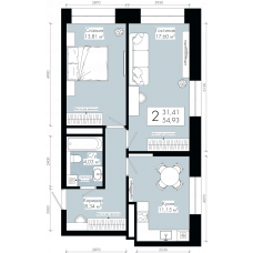 Планировка: 2-комн. квартира, 54.9 м²