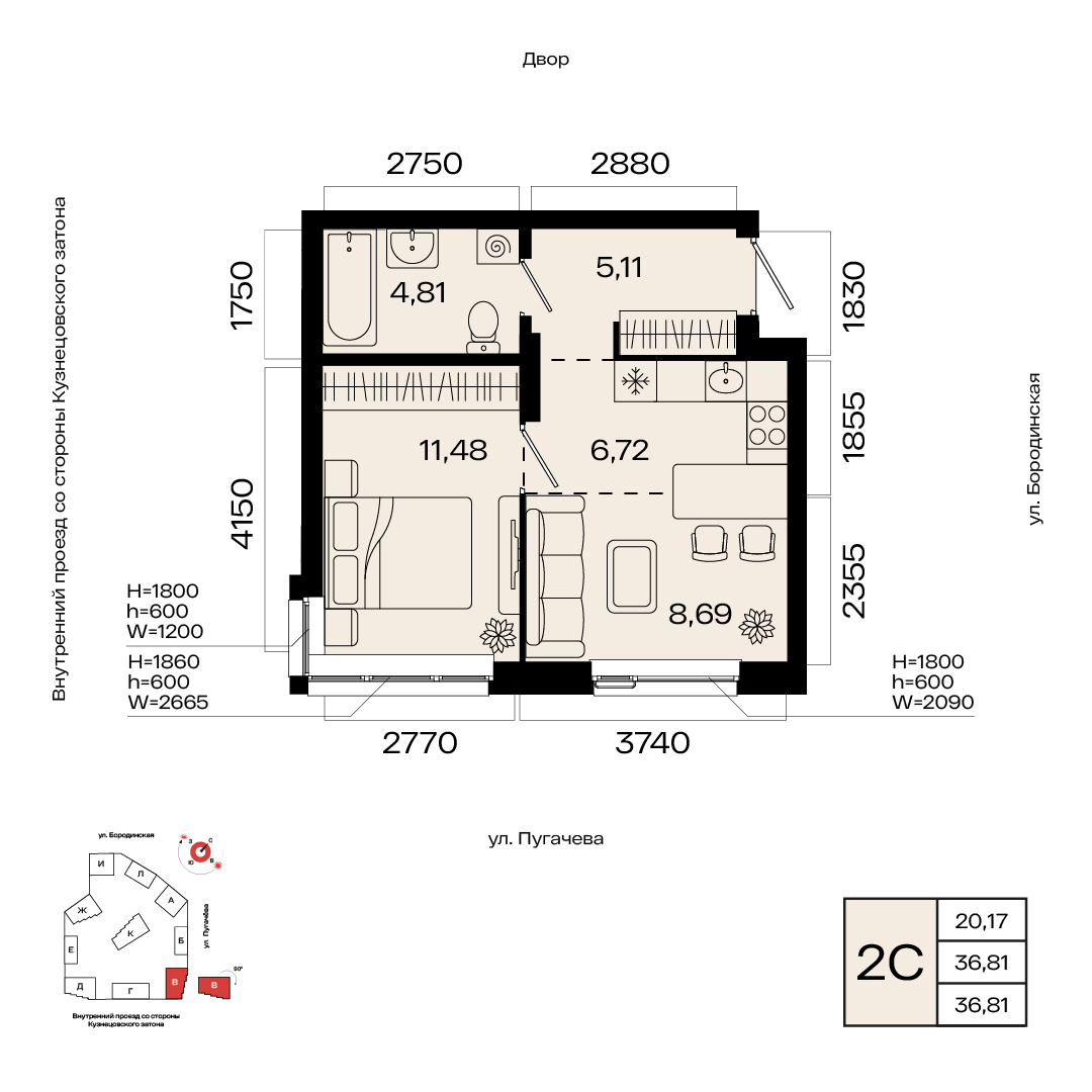 Планировка 2-комнатная квартира 36,8 м² в ЖК «МИР», 22 этаж — 7 050 600 ₽