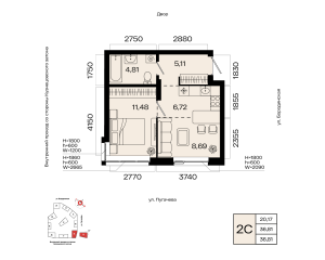 Планировка 2-комнатные 36,8 м²