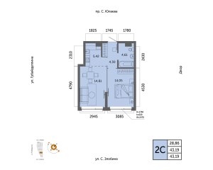 Планировка 2-комнатные 43,2 м²