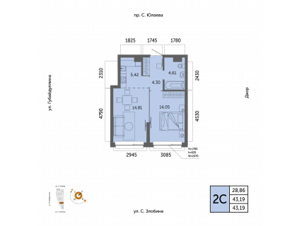 Планировка 2-комн. · 43.2 м²