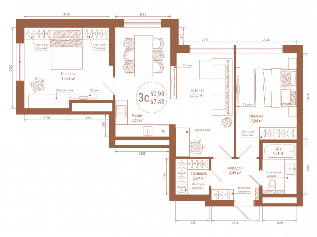Планировка: 3-комн. квартира, 67.4 м²