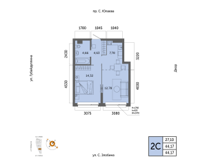 Планировка 2-комнатные 44,2 м²
