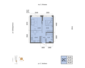 Планировка 2-комнатные 46,6 м²