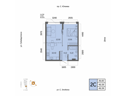 Планировка 2-комн. · 46.6 м²