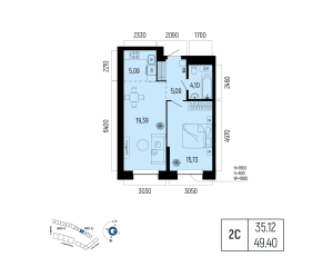 Планировка 2-комнатные 49,4 м²