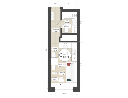 Планировка Студия · 18.6 м²