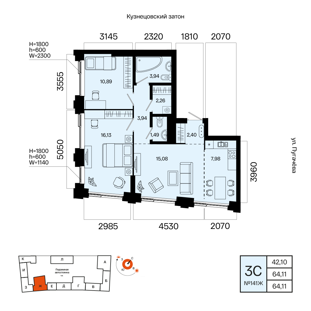 Планировка 3-комнатная квартира 64,1 м² в ЖК «Первый Остров», 21 этаж — 10 193 500 ₽