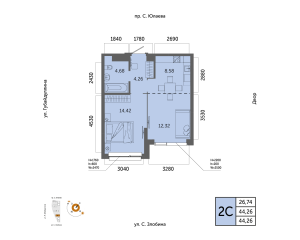 Планировка 2-комнатные 44,3 м²