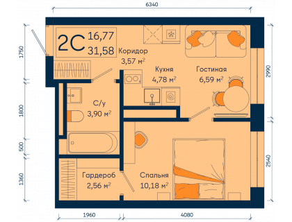 Планировка 2-комн. · 31.6 м²
