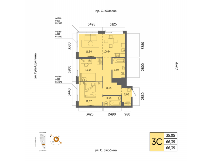 Планировка 3-комн. · 66.4 м²